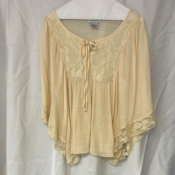 Cream Bell Sleeve Blouse with Tie Front and Asymmetrical Design - Picture 1 of 4